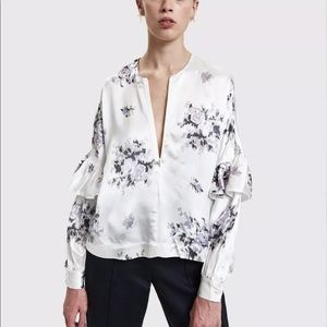 Ganni Cameron satin floral ruffle sleeve blouse